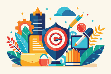 Poster - This colorful illustration features various cybersecurity tools and symbols, highlighting digital safety, Customizable Semi Flat Illustration with Copyright
