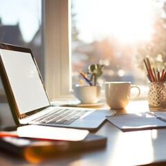 Poster - Cozy Home Office Scene with Laptop and Coffee Mug
