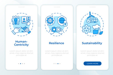 Wall Mural - Pillars of industry 5.0 blue onboarding mobile app screen. Walkthrough 3 steps editable graphic instructions with linear concepts. UI, UX, GUI template. Montserrat SemiBold, Regular fonts used