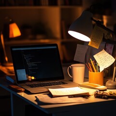 Poster - Professional Home Office Workspace at Night