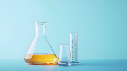 Poster - Glass beakers and graduated cylinder on blue background
