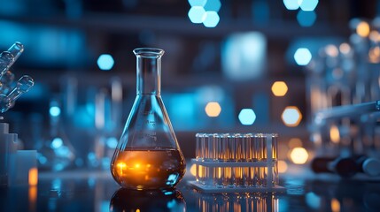 Poster - A Close-Up of a Glass Flask with Liquid in a Laboratory Setting