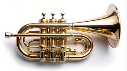 A classical wind musical instrument the cornet isolated on a white background in a high angle shot, jazz, musician, concert, sound,cornet, classical, white background, performance