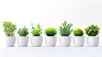 Wall Mural - Isolated from a white background there are small green plants in white pots that provide copy space  