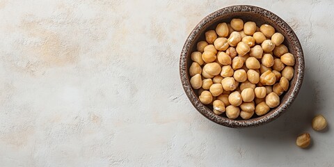 Close-up of a wooden bowl filled with chickpeas, ideal for healthy cooking and plant-based recipes, background with copy space