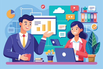 Poster - two professionals engaging in a consultation with charts and graphs displayed on a screen, customiza