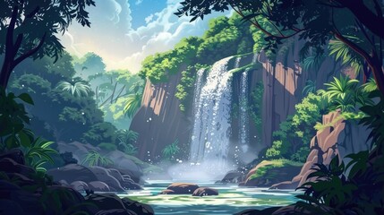 Waterfall Illustration. Scenic Cascade Waterfall in Green Tropical Forest