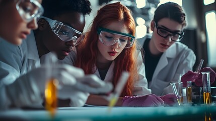Poster - Four Young Scientists Working Together in a Lab