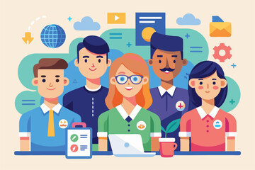 Poster - A diverse group of professionals interacts around a laptop in a modern office environment, Customizable flat illustrations for new team members.