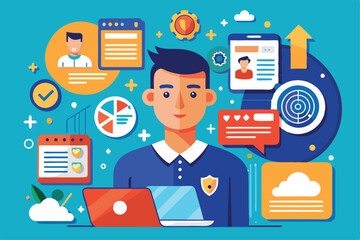Poster - a professional sits at a desk with a laptop, surrounded by various analytics, charts, and communicat