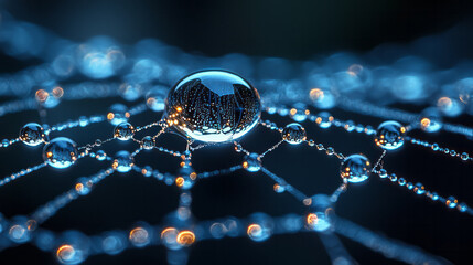 A close-up macro shot of dew drops on a spiderweb,