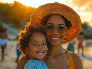 Canvas Print - A happy mother and her child are smiling and enjoying the sunset on the beach. AI.