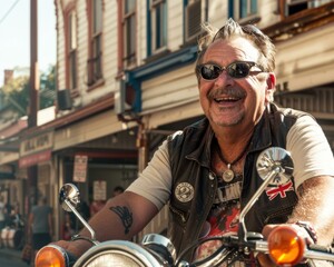 Wall Mural - Portrait of a smiling, middle-aged man with a mustache and sunglasses, sitting on a motorcycle. AI.