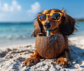 Poster - A dog wearing sunglasses is drinking from a coconut on the beach. AI.