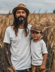 Sticker - A father and son standing in a wheat field. AI.