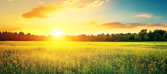 Wall Mural - A serene, meadow at sunset with a large clear sky area for text