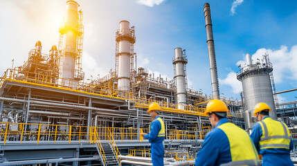 Workers outside an industrial plant for the production and processing of crude oil. Bright daytime. 