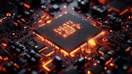 Poster - A futuristic computer chip with glowing circuits and binary code flowing across it,