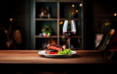 A grilled steak on a white plate with lettuce and red pepper, next to a glass of red wine, on a wooden table.