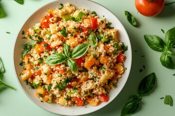 Wall Mural - A Bowl of Couscous Salad with Tomatoes, Cucumbers, and Basil