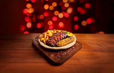 Poster - A plate of barbecue ribs, corn on the cob, and fries on a wooden surface with bokeh lights in the background.