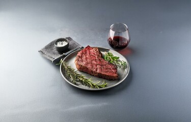 A grilled steak on a gray plate with rosemary and red wine in a glass.