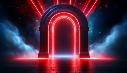 Poster - Neon light RED arch. A door with a glow of smoke in space. Portal frame with laser effect on a black background. Led beam in the shape of a gate.