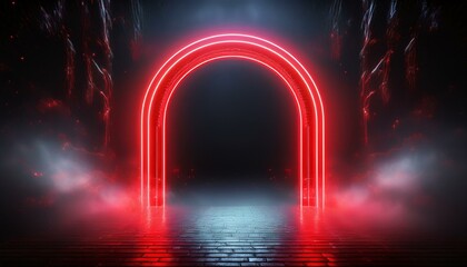 Poster - Neon light RED arch. A door with a glow of smoke in space. Portal frame with laser effect on a black background. Led beam in the shape of a gate.