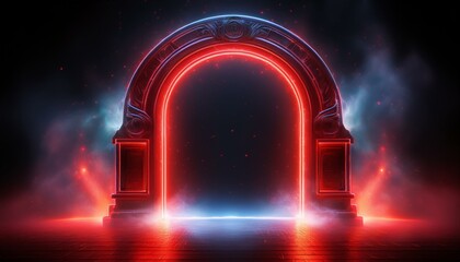 Poster - Neon light RED arch. A door with a glow of smoke in space. Portal frame with laser effect on a black background. Led beam in the shape of a gate.