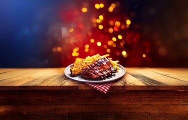 A plate of barbecued ribs with corn on the cob and french fries sits on a wooden table. The background is blurred with warm-colored lights.