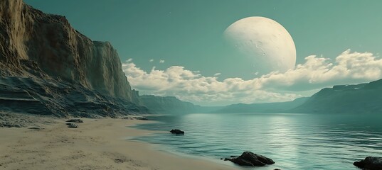 Wall Mural - A serene, moonlit beach with a large clear sky and text space