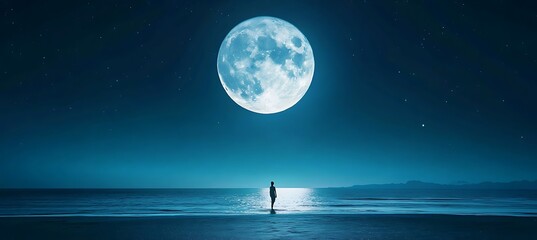 Wall Mural - A serene, moonlit beach with a large clear sky and text space