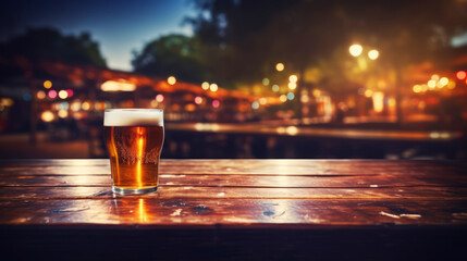 Glass of Beer on Wooden Table at Outdoor Street Bar During Evening. Warm Atmosphere with Blurred Lights