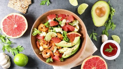 Wall Mural - Shrimp salad with avocado and grapefruit. Perfect for healthy meals and nutrition-focused content