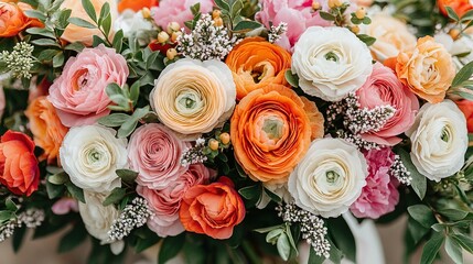 Wall Mural -   Close-up of flowers on a table surrounded by foliage