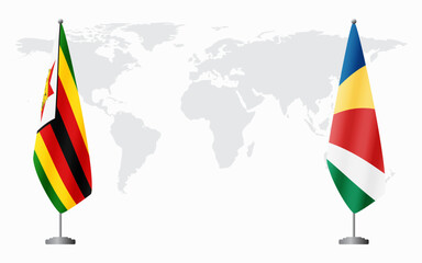 Zimbabwe and Seychelles flags for official meeting against background of world map.