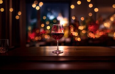 Poster - A glass of red wine sits on a wooden table with a blurry background of warm colored lights.