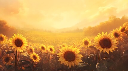 A field of sunflowers bathed in golden light during a hazy sunset