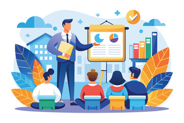 Poster - a speaker presents charts and graphs to a group of attentive listeners in a vibrant outdoor setting,