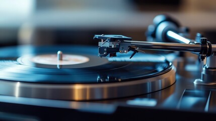 Artistic shot of high-end vinyl turntables with sleek metallic arms, vinyl record spinning, and focus on the sound quality of analog audio.