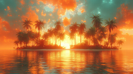 Poster - A surreal tropical island with vibrant green palm trees and bright orange beaches,