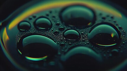 Poster - a close-up view of water droplets on a black surface with a green and yellow stripe at the base