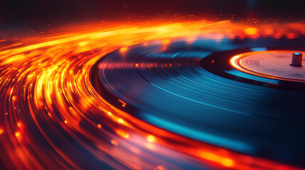 A vinyl record glowing with abstract colorful light trails that swirl and radiate from its grooves,