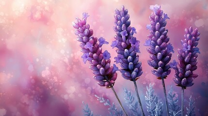 Poster -   A cluster of lavender blossoms rests beside one another atop a gradient backdrop of lilac and coral, against a hazy sky