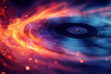 Aufkleber - A vibrant vinyl record spinning in bright, abstract waves of light,