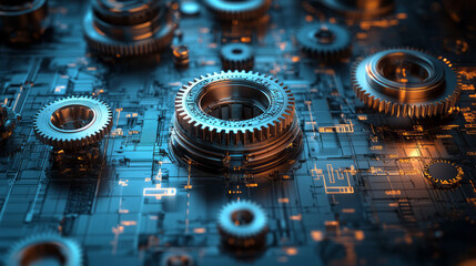 Fototapete - A detailed mechanical blueprint with intricate gears and cogs,