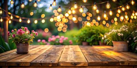 Empty wood table for product display with decorative outdoor string lights hanging on tree at night time.