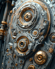 Aufkleber - An abstract mechanical machine with rotating gears and intricate metalwork,