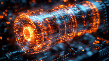 Aufkleber - A glowing 3D model of an engine in motion, showing the inner workings of its pistons, gears, and rotating shafts,
