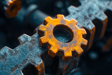 Aufkleber - An abstract mechanical concept of interconnected gears and chains,